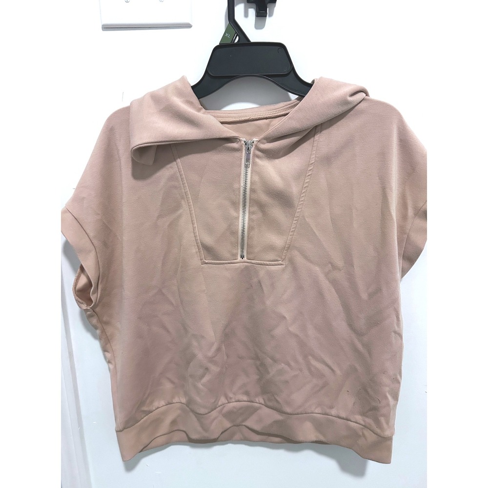 Short Sleeve Quarter Zip Hoodie Casual‎ Athleisure Tan XL